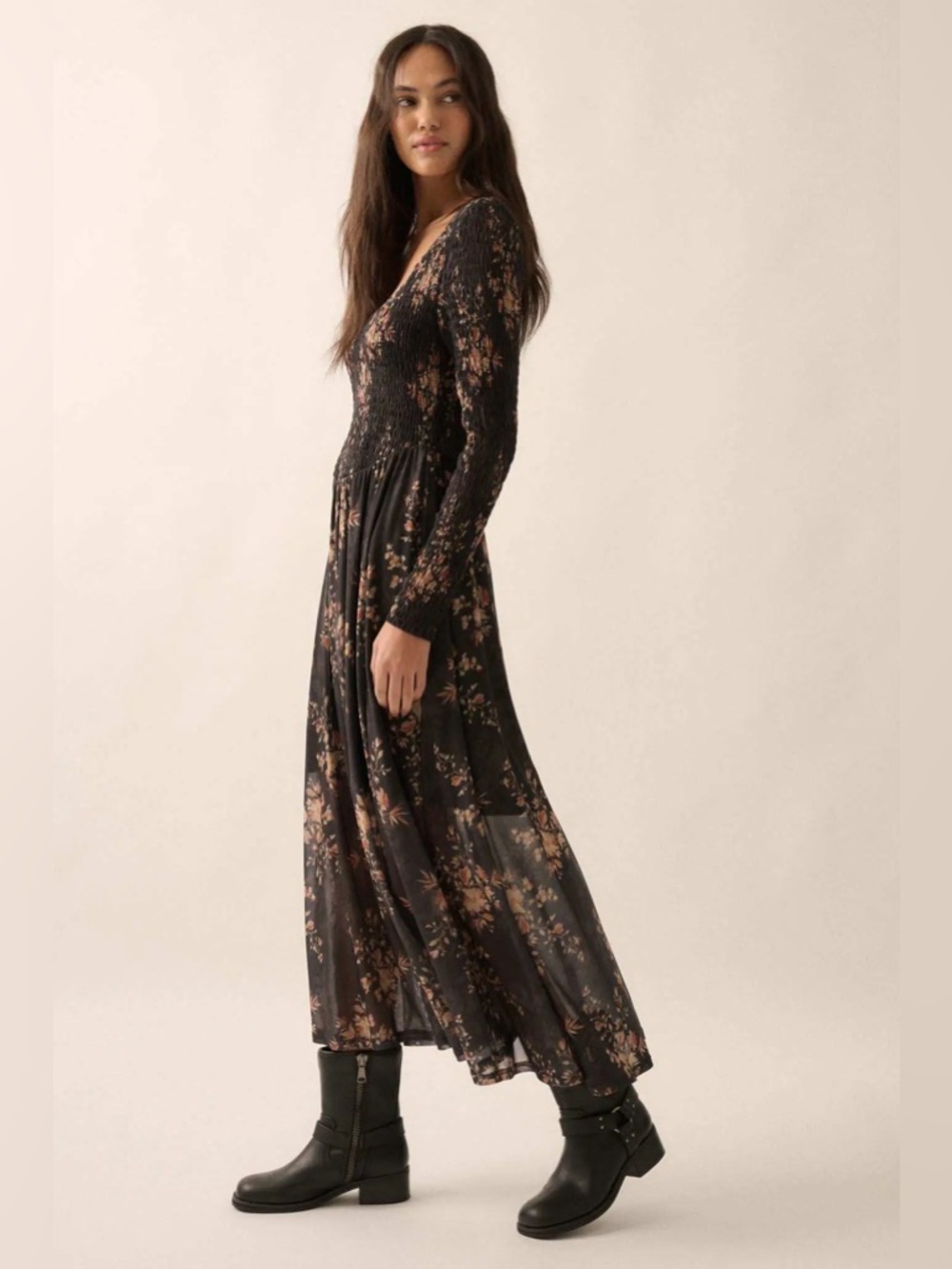 Promesa Heather Floral Smocked Maxi Dress In Black Small NEW boho cottagecore